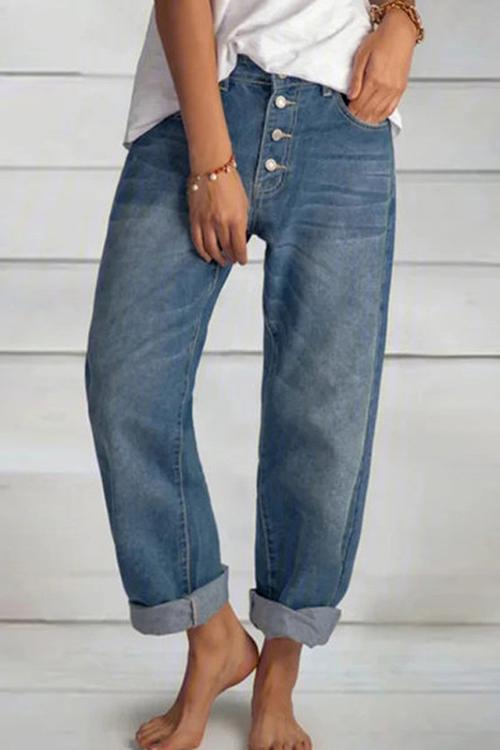 Button Loose Leg Jeans - Fashionpara