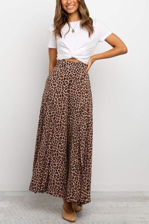 Leopard Print Wide Leg Pants - Fashionpara