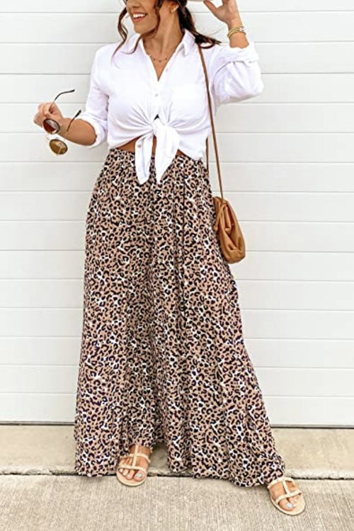 Leopard Print Wide Leg Pants - Fashionpara