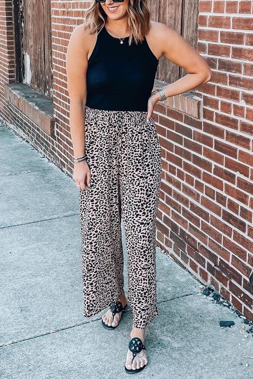 Leopard Print Wide Leg Pants - Fashionpara