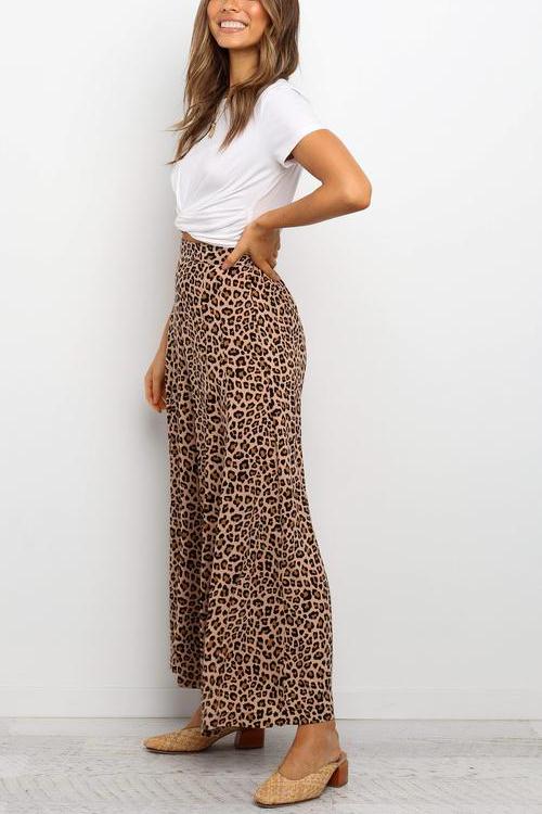 Leopard Print Wide Leg Pants - Fashionpara