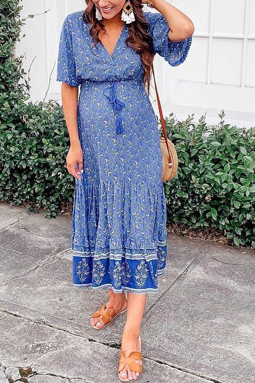 Floral Print Short Sleeve Maxi Dress - Fashionpara