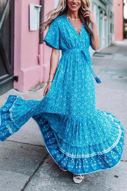 Floral Print Short Sleeve Maxi Dress - Fashionpara