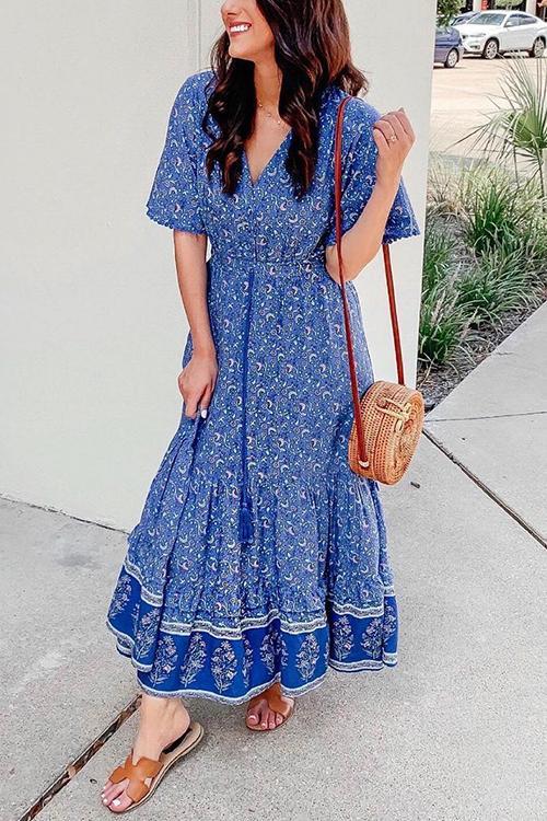 Floral Print Short Sleeve Maxi Dress - Fashionpara