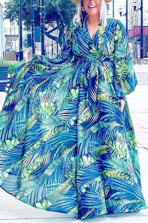 Leaf Print Belted Wrap Long Sleeve Maxi Dress - Fashionpara