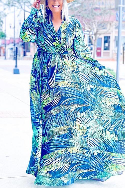 Leaf Print Belted Wrap Long Sleeve Maxi Dress - Fashionpara