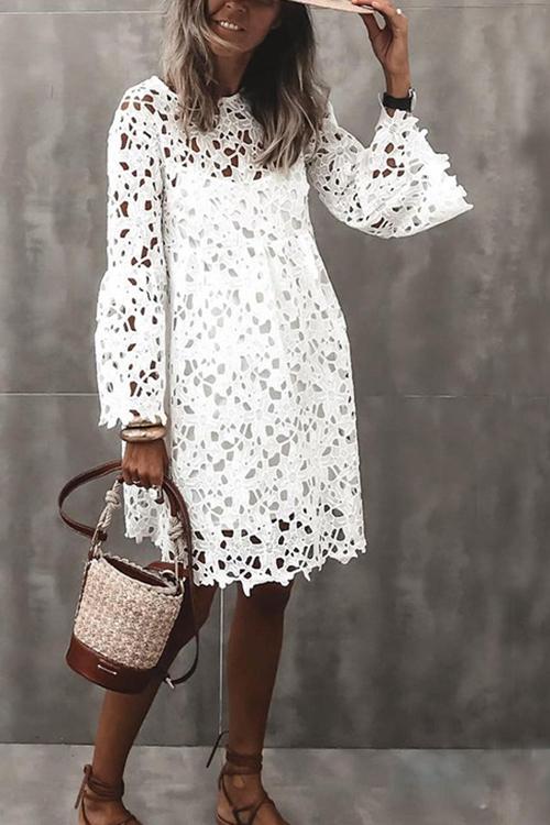 Lace Hollow Flares Sleeve Mini Dress - Fashionpara