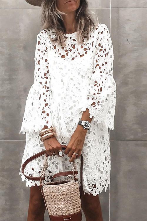 Lace Hollow Flares Sleeve Mini Dress - Fashionpara