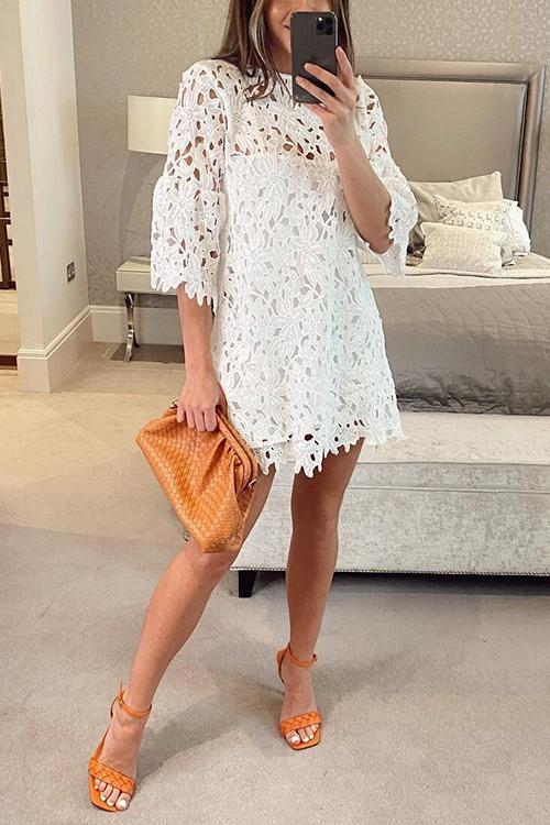 Lace Hollow Flares Sleeve Mini Dress - Fashionpara