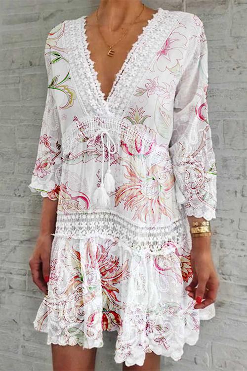 Floral Print Long Sleeve Mini Dress - Fashionpara