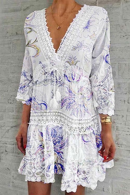 Floral Print Long Sleeve Mini Dress - Fashionpara