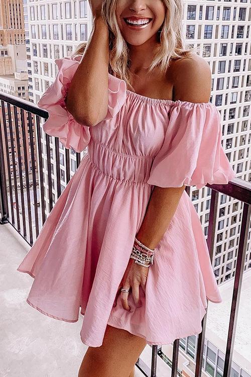 Off Shoulder Puff Sleeve Mini Dress - Fashionpara