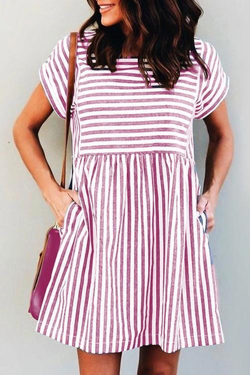 Stripe Short Sleeve Pocekts Mini Dress - Fashionpara