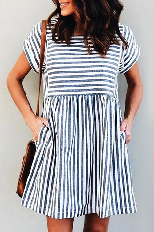 Stripe Short Sleeve Pocekts Mini Dress - Fashionpara