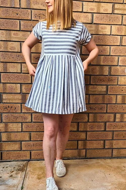 Stripe Short Sleeve Pocekts Mini Dress - Fashionpara