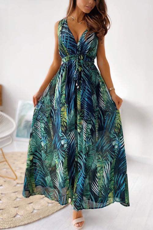 Leaf Print V Neck Sleeveless Maxi Dress - Fashionpara