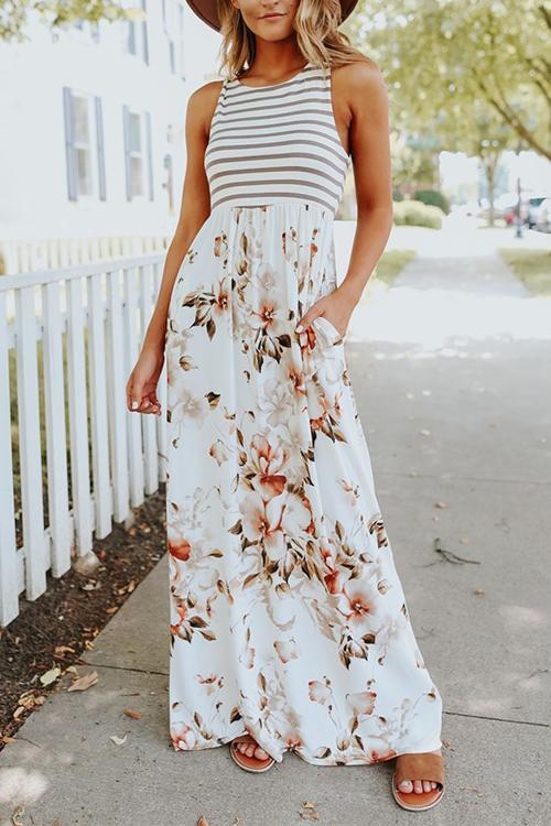 Floral Print Pocket Sleeveless Maxi Dress - Fashionpara