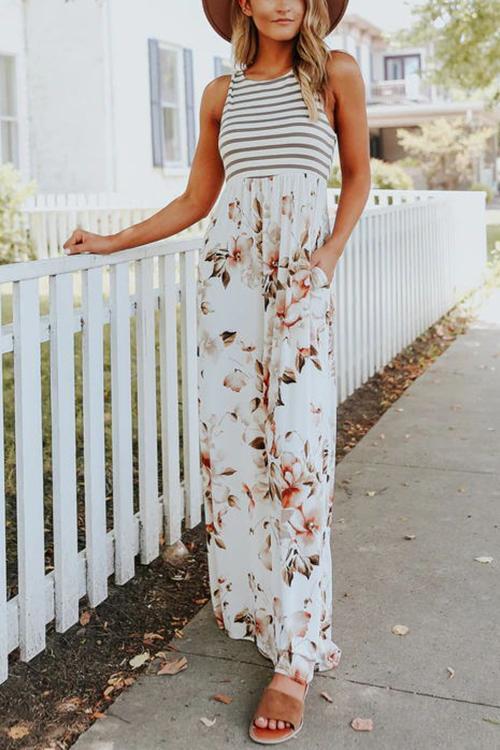 Floral Print Pocket Sleeveless Maxi Dress - Fashionpara