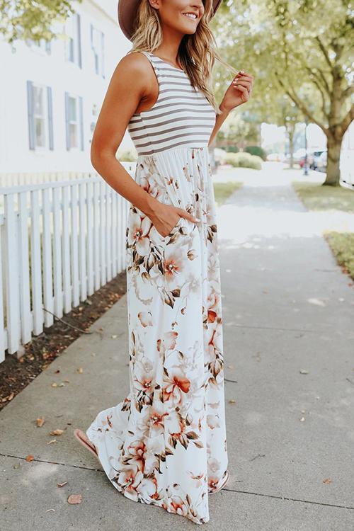 Floral Print Pocket Sleeveless Maxi Dress - Fashionpara