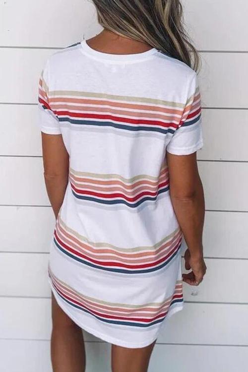 Stripe O Neck Short Sleeve Mini Dress - Fashionpara