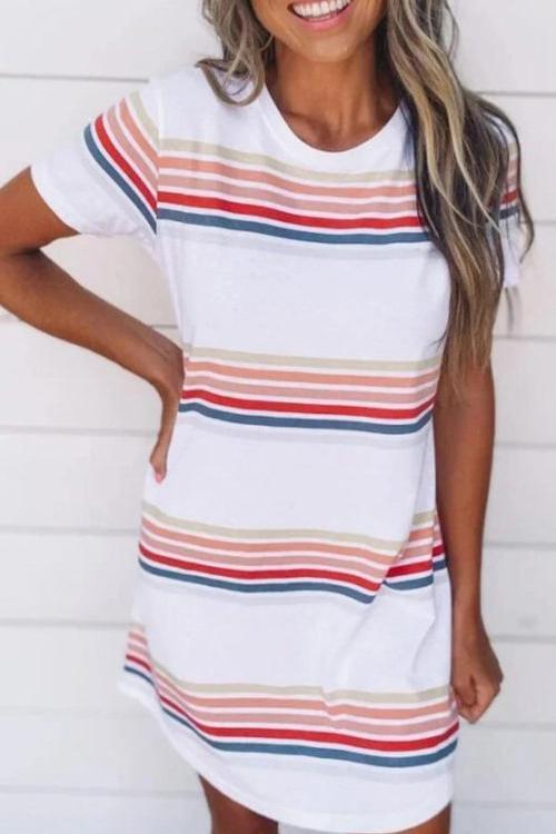 Stripe O Neck Short Sleeve Mini Dress - Fashionpara