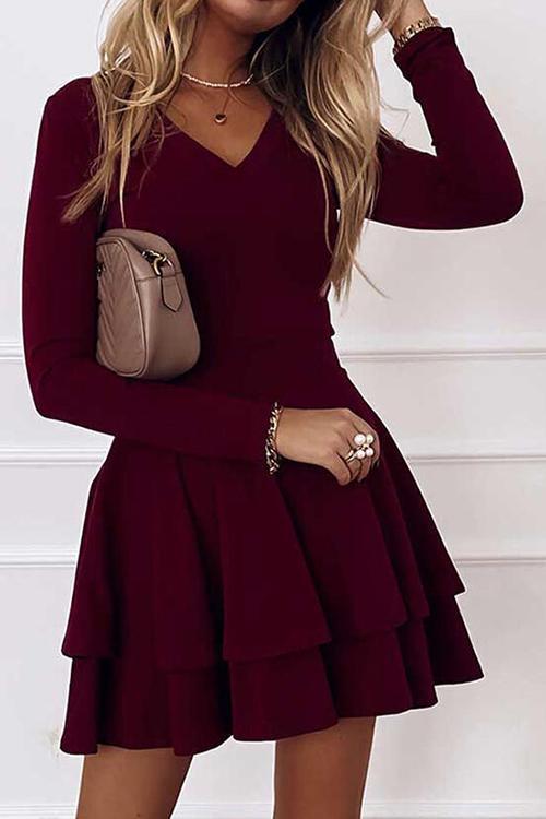 Layer V Neck Long Sleeve Dress - Fashionpara