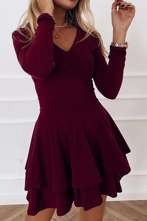 Layer V Neck Long Sleeve Dress - Fashionpara