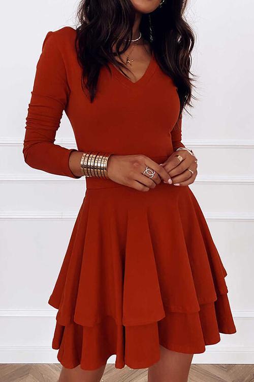 Layer V Neck Long Sleeve Dress - Fashionpara