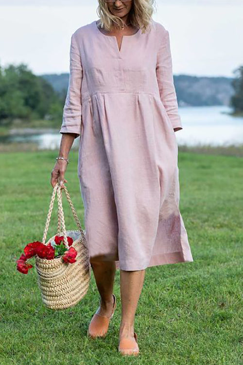 Linen V Neck Seven Sleeves Midi Dress - Fashionpara