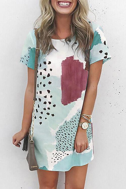 Print Patchwork O Neck T Shirt Dress - Fashionpara