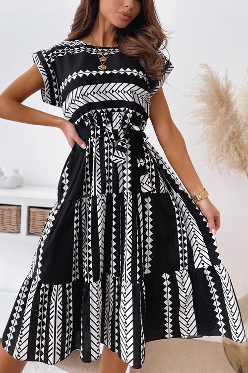 Print Belted Dress - Fashionpara