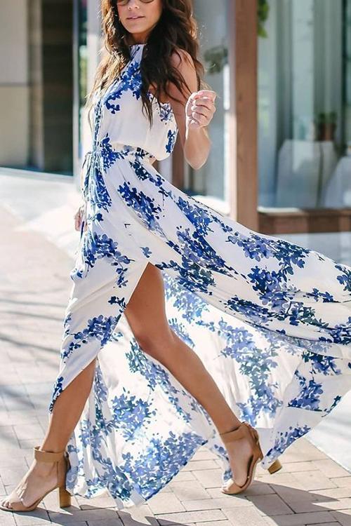 Floral Print Slit Sleeveless Maxi Dress - Fashionpara