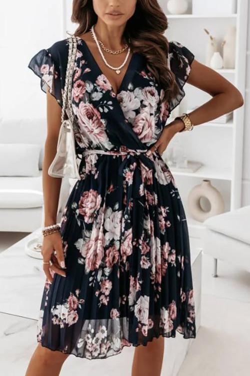 Floral Print V Neck Dress - Fashionpara