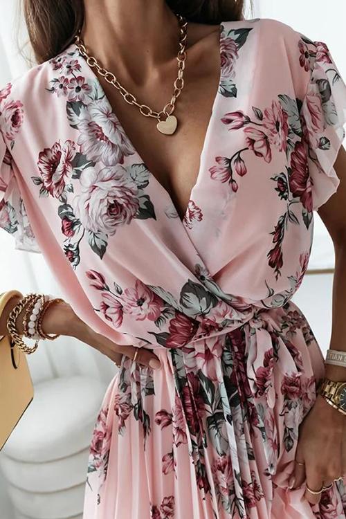 Floral Print V Neck Dress - Fashionpara