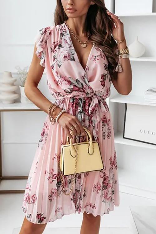 Floral Print V Neck Dress - Fashionpara