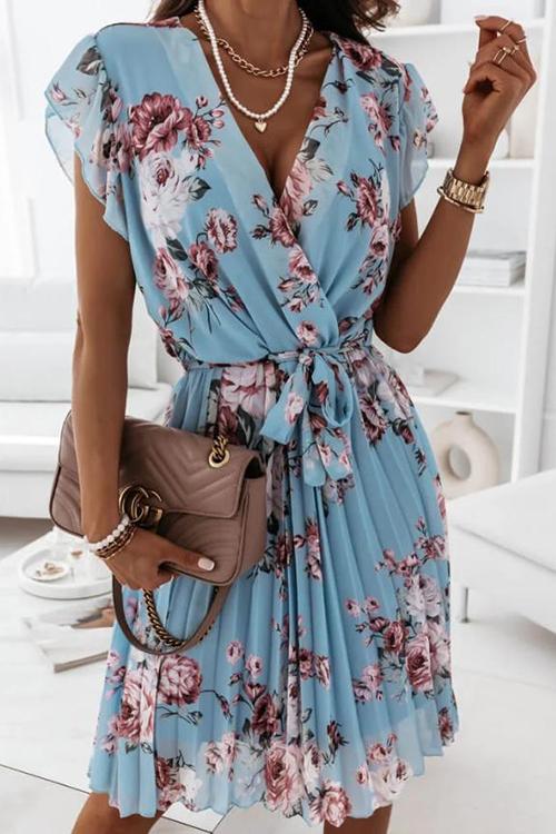 Floral Print V Neck Dress - Fashionpara