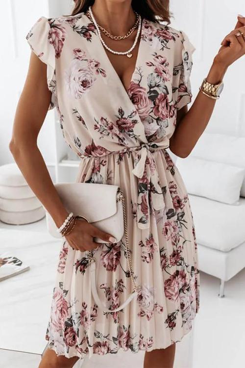 Floral Print V Neck Dress - Fashionpara