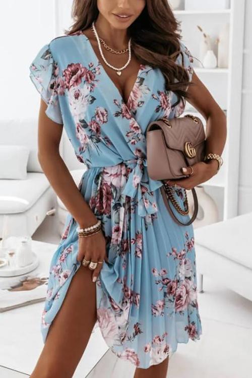 Floral Print V Neck Dress - Fashionpara