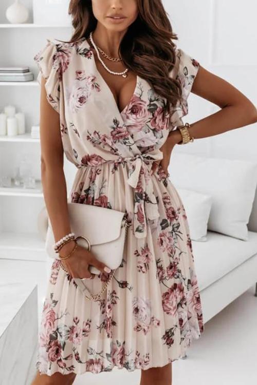 Floral Print V Neck Dress - Fashionpara