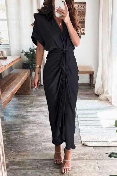 Button Knot Bat Drape Dress - Fashionpara