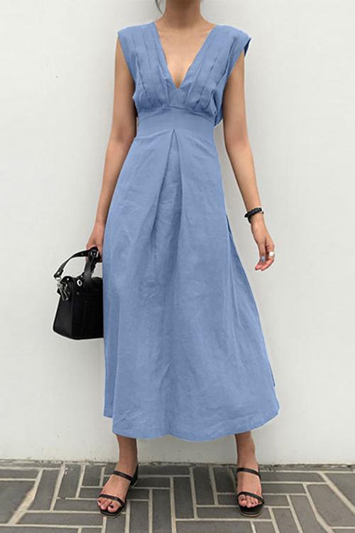 Linen V Neck Sleeveless Maxi Dress - Fashionpara