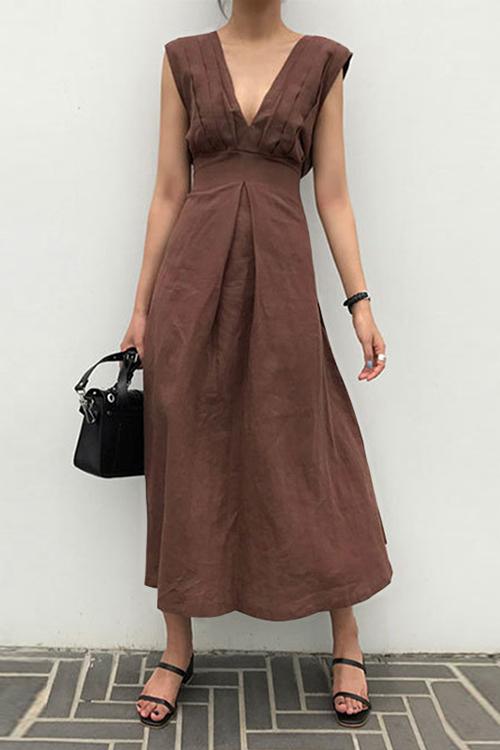 Linen V Neck Sleeveless Maxi Dress - Fashionpara