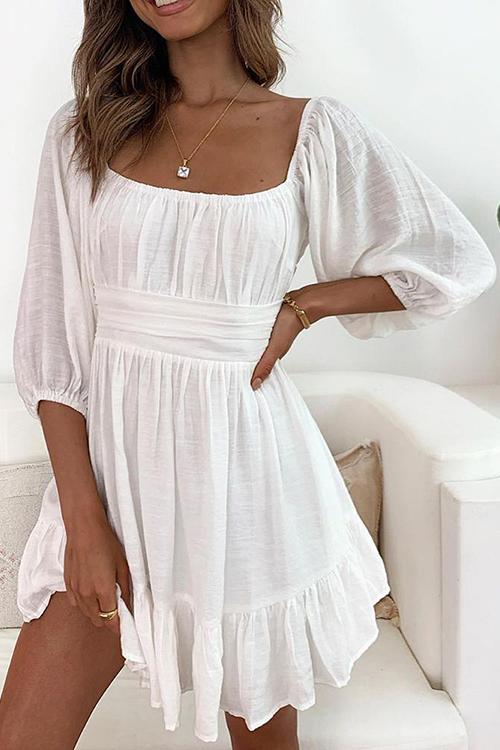 Linen Square Neck Mini Dress - Fashionpara