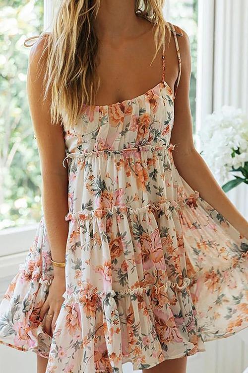 Ruffles Floral Print Slip Mini Dress - Fashionpara