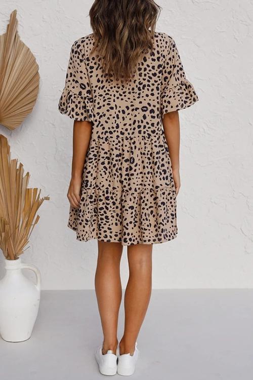 Ruffles Leopard Button Mini Dress - Fashionpara