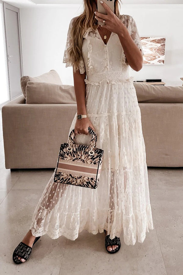 Button Lace V Neck Short Sleeve Maxi Dress - Fashionpara