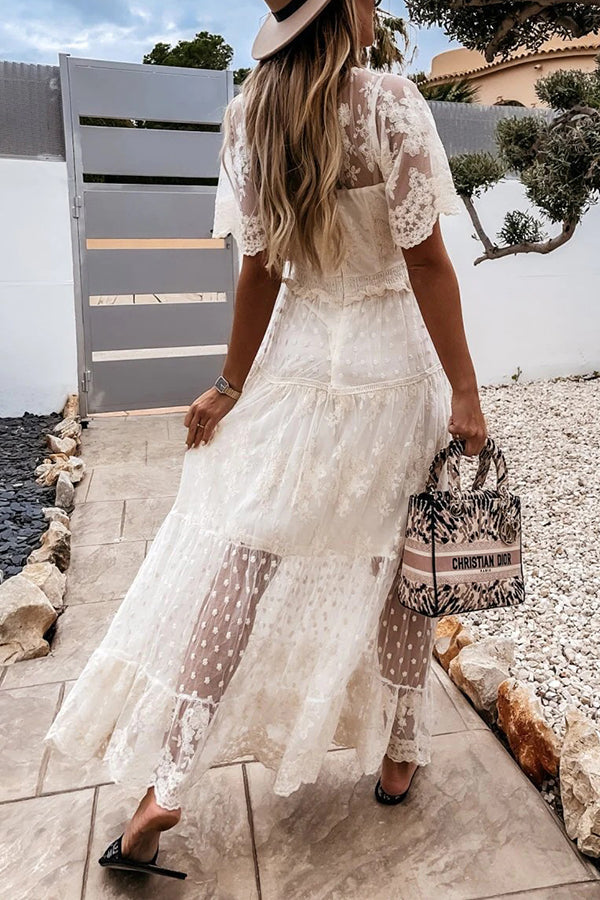 Button Lace V Neck Short Sleeve Maxi Dress - Fashionpara