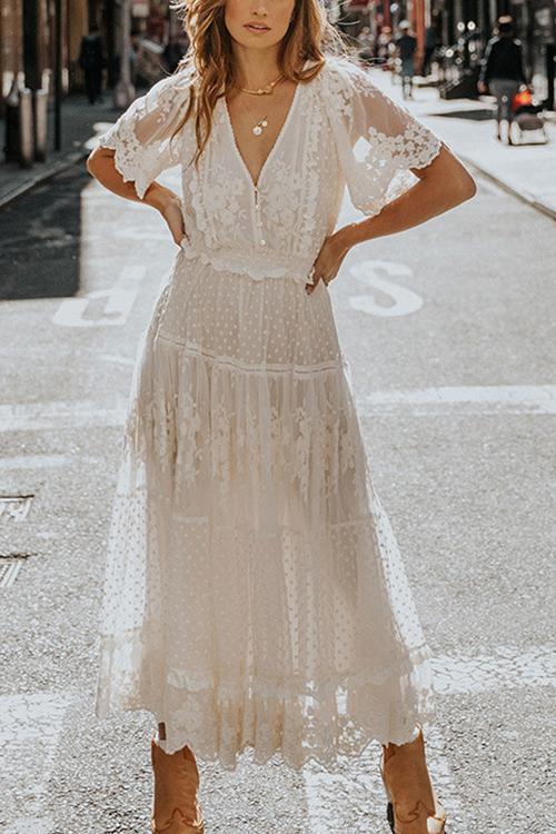 Button Lace V Neck Short Sleeve Maxi Dress - Fashionpara