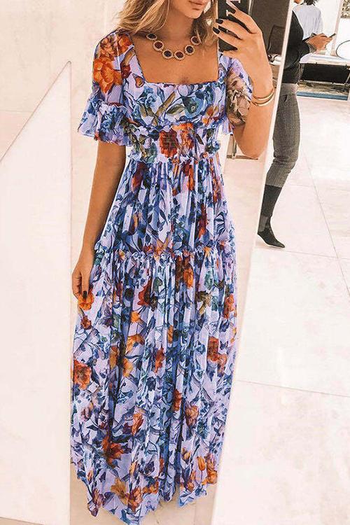 Floral Square Neck Short Sleeve Maxi Dress - Fashionpara