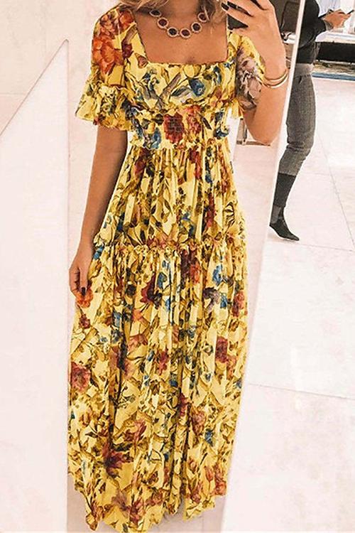 Floral Square Neck Short Sleeve Maxi Dress - Fashionpara